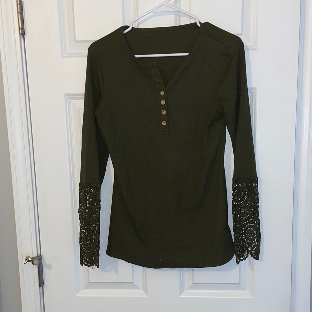 Olive Green Lace Sleeve Women's Top